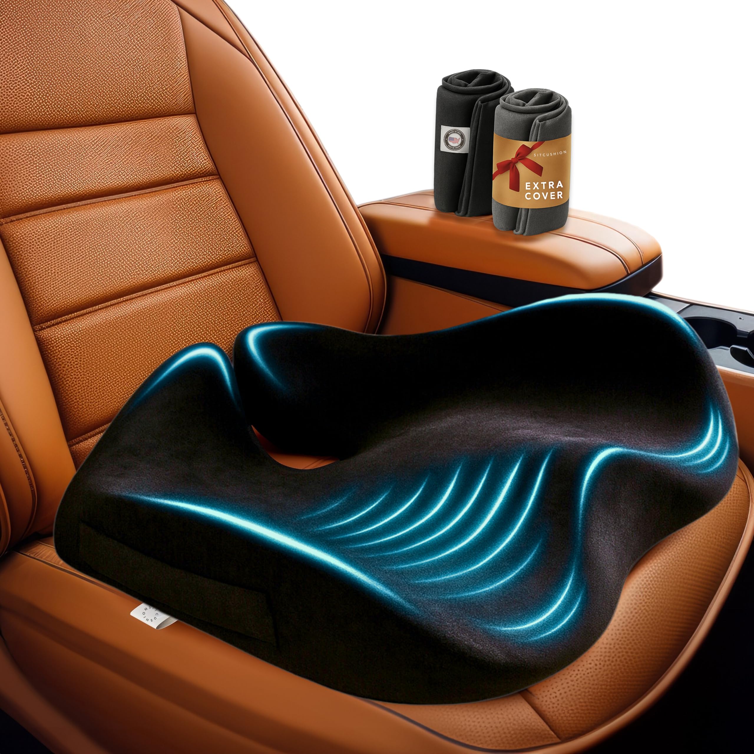 Photo 1 of SitCushion Car Seat Cushion for Driving — Orthopedic Memory Foam Car Seat Pad for Sciatica, Tailbone, and Back Pain Relief for Long Drives. Bonus: with Extra Non-Slip/Washable Cover(Black)