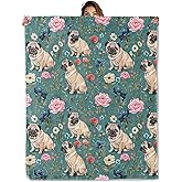 Pug Floral Blanket 50X60 in, Flannel Throw Blankets for Travel Camping Sofa Living Room Decor, Lightweight Cozy Soft Fuzzy Gifts for Women Adults Kids