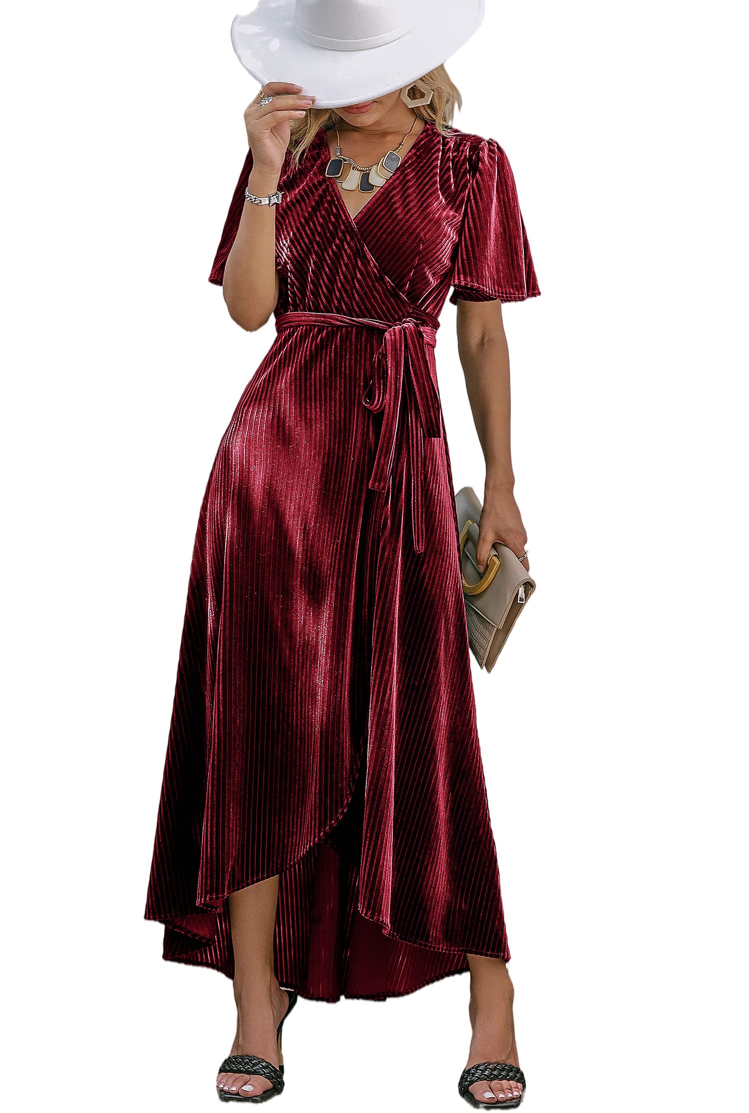 Photo 1 of BerryGo Women's Formal Velvet Wrap Dress V Neck Cocktail Short Sleeve Swing Long Maxi Dress Burgundy S