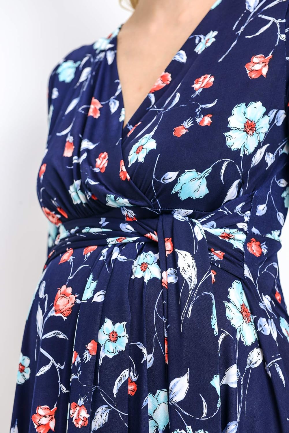 Hello MIZ Flower Print V-Neck 3/4 Sleeve Baby Shower Front Tie Wrap Maternity Dress at  Women’s Clothing store