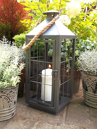 Extra Large Vintage Style French Grey Metal Lantern Candle Holder