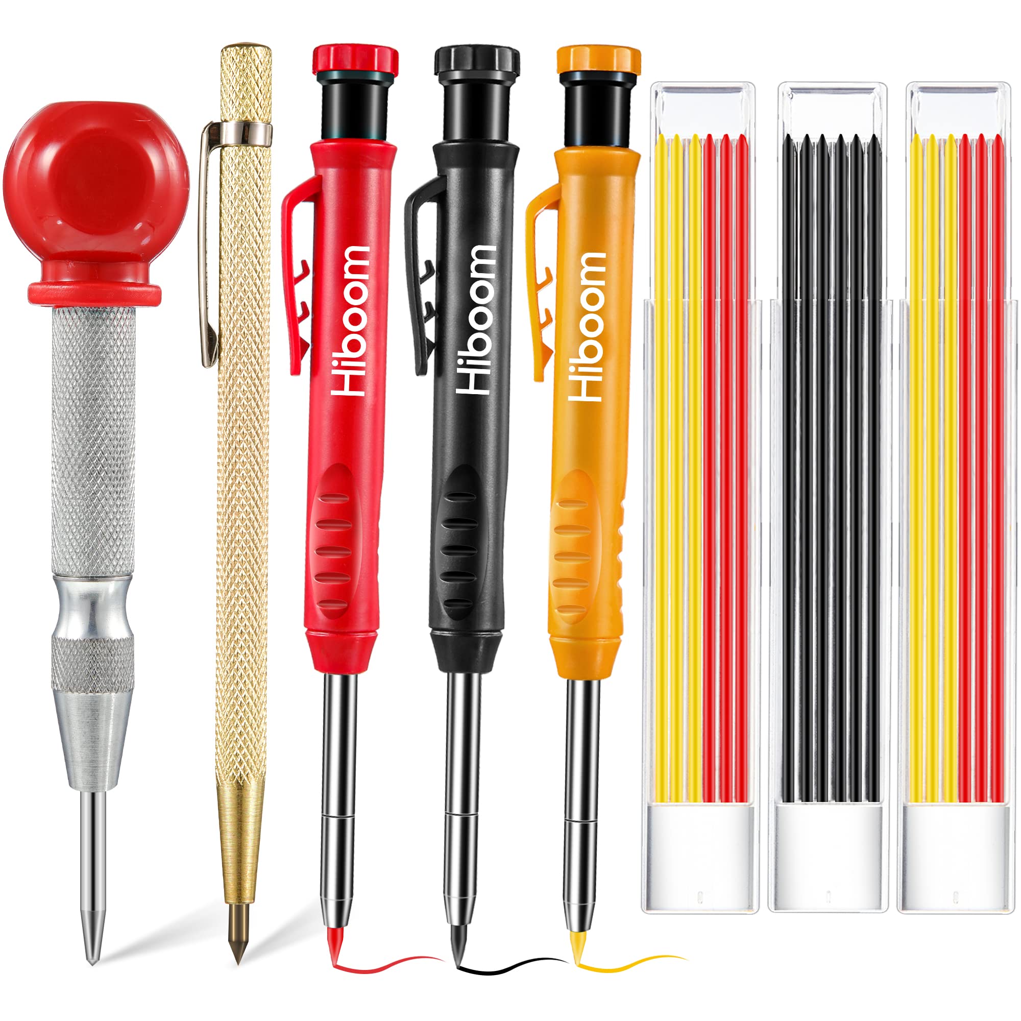 Photo 1 of Hiboom 8 Pack Carpenter Pencils Set with 18 Refills (Red, Black, Yellow) and Sharpener, 5 Inch Center Punch, Carbide Scribe Tool, Deep Hole Marker, 2.8 mm Heavy Duty Woodworking Pencils for Architect