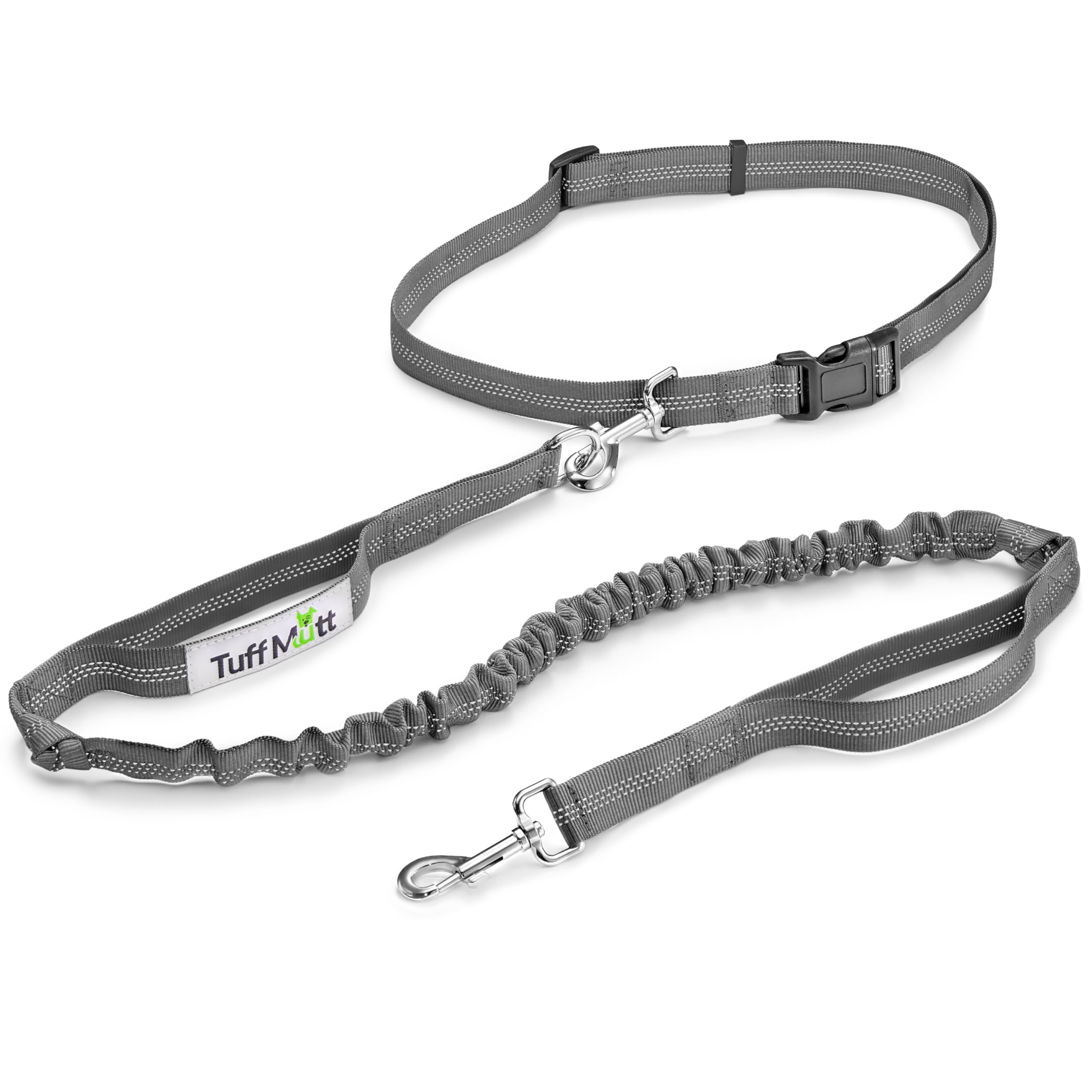 Tuff Mutt Hands Free Dog Leash - Double Handle Bungee Leash with Reflective Stitching and Adjustable Walking Belt