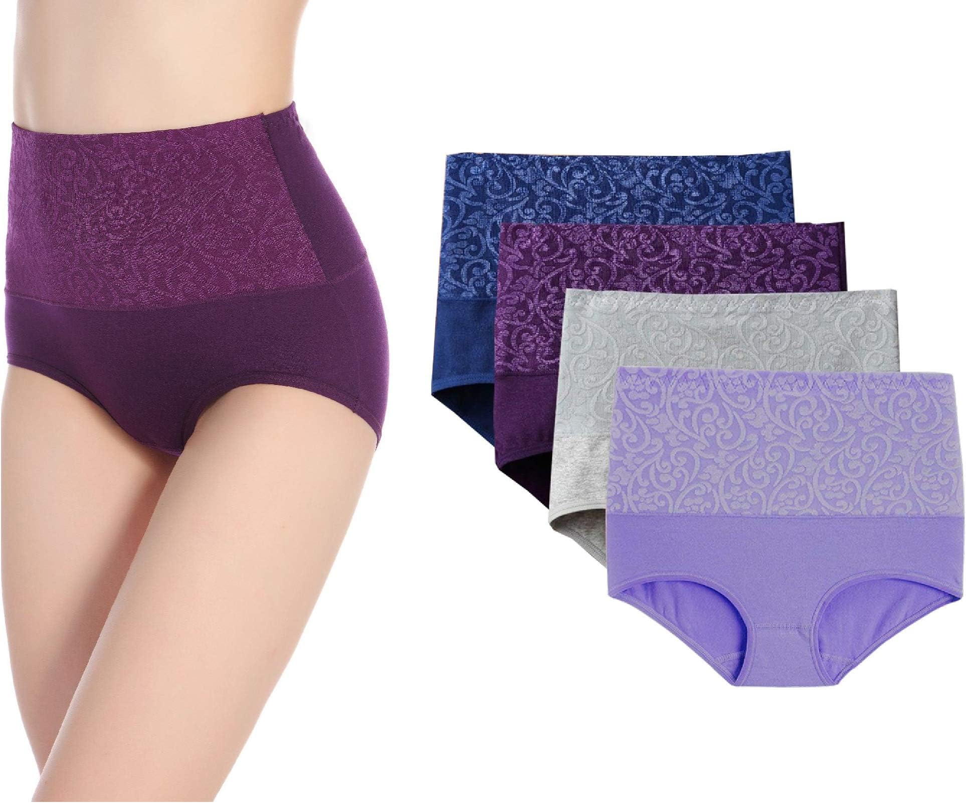 High Waist Tummy Control Panties for Women, Cotton Underwear No Muffin Top Shapewear Brief Panties (4 Pack, X-Large)