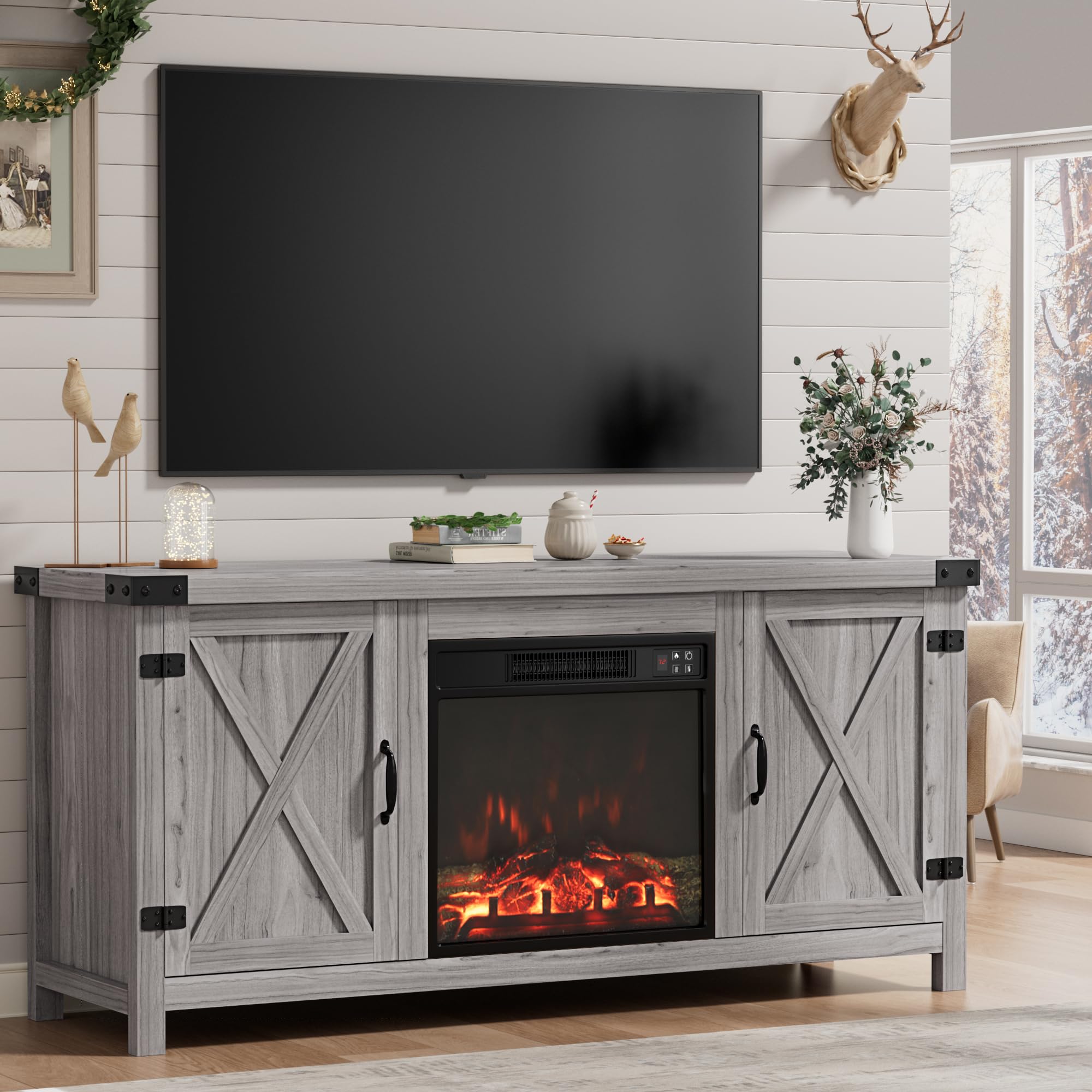 Photo 1 of **FIREPLACE PART ONLY**Furmax Fireplace TV Stand for Up to 65 Inches TVs, Farmhouse Entertainment Center with Grooved Barn Doors, Rustic Media Console Table with Storage Cabinets for Living Room (Grey Wash)