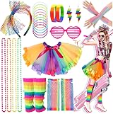 Ronilp 80s Fancy Dress Kit Rainbow Tutu Leg Warmers Necklace Glasses