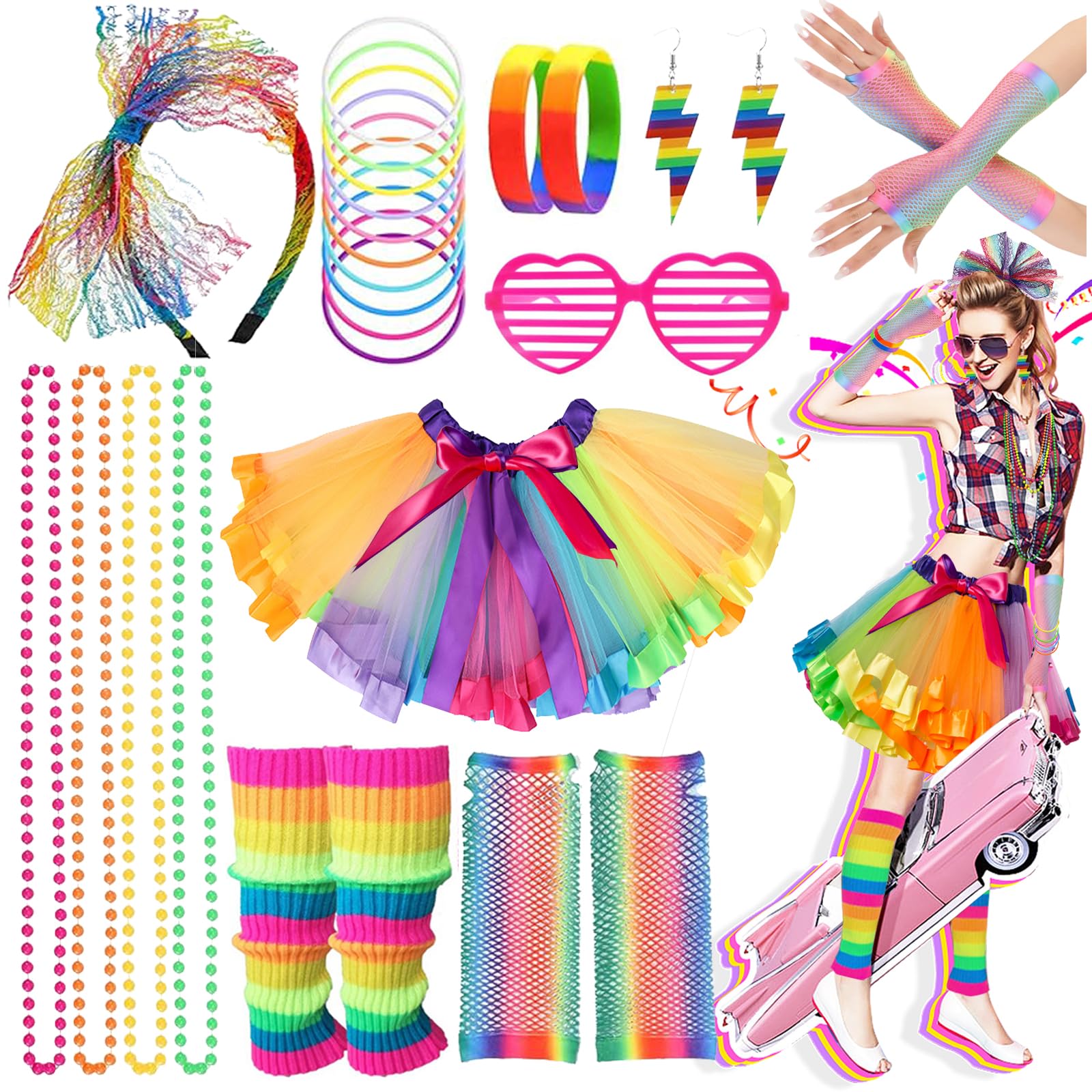 Ronilp 80s Fancy Dress for women,1980s Fancy Party Costume Accessories Set, Rainbow Tutu Skirt Leg Warmers Necklace Bracelets Fishnet Gloves 80s Lace Bow Headband Tape Earrings Sunglasses