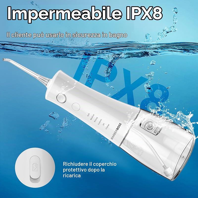 Idropulsore Advanced, 5 modalità di pressione e serbatoio capiente da 340 ml, irrigatore orale impermeabile IPX8, 4 punte a getto e blocco da viaggio, idropulsore portatile QR-7104 (bianco)