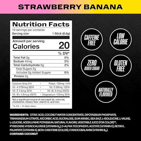 PRIME HYDRATION+ ELECTROLYTE POWDER STICKS, STRAWBERRY BANANA, SUGAR FREE HYDRATION DRINK MIX WITH POTASSIUM, MAGNESIUM & B VITAMINS TO REPLENISH FLUIDS, CAFFEINE FREE, 16 COUNT