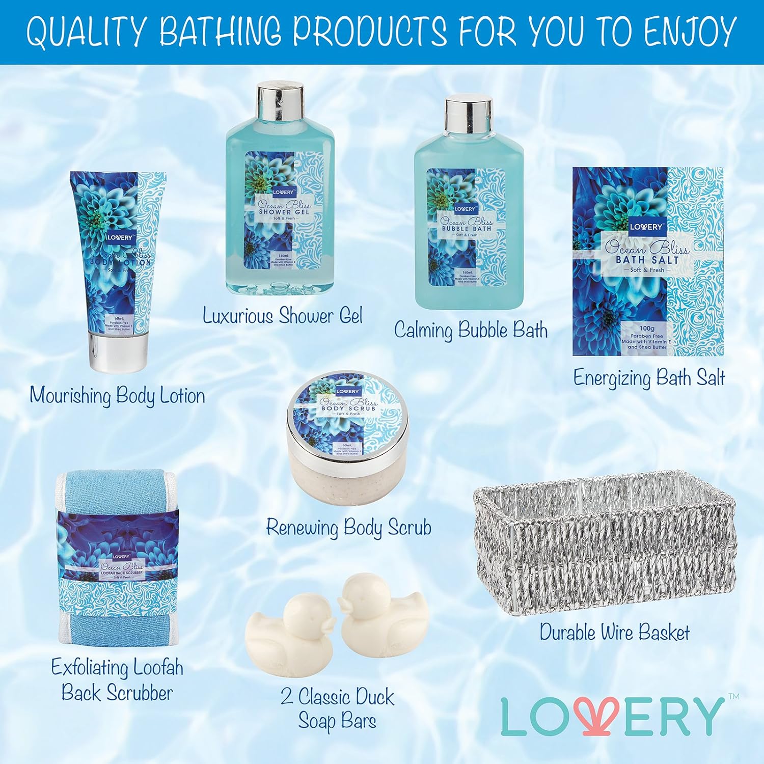 Home Spa Gift Basket in Heavenly Ocean Bliss Scent - 9 Piece Bath & Body Set With Shower Gel, Bubble Bath, Salts, Lotions & more! Great Wedding, Anniversary, Birthday & Graduation Gift for Women & Men : Beauty