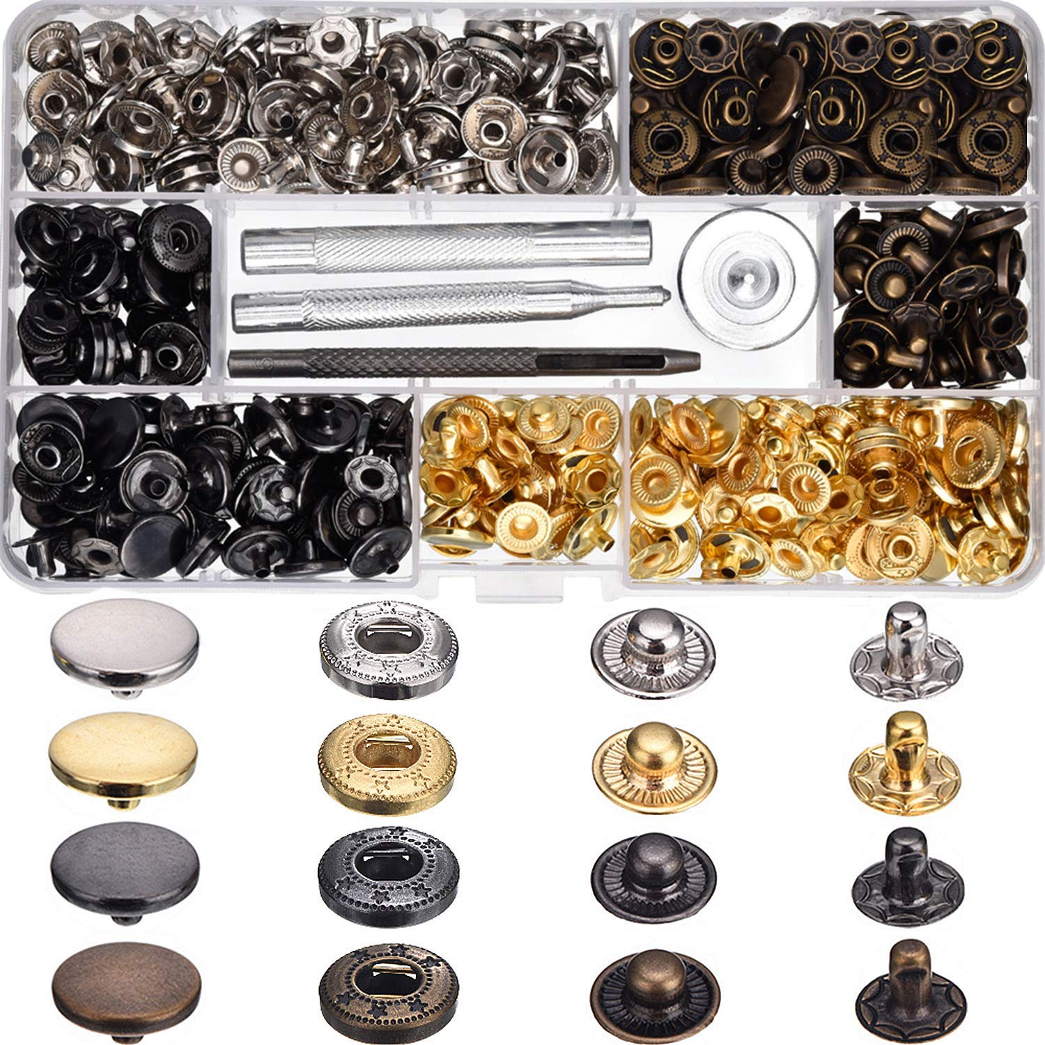 Photo 1 of 100 Set Snap Fasteners Leather Snaps Button Kit Press Studs with 4 Pieces Fixing Tools, 12.5 mm in Diameter