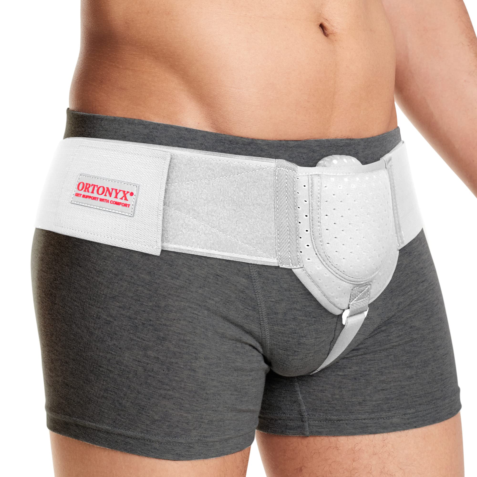 ORTONYX Inguinal Groin Hernia Belt for Men and Women with Removable Compression Pad and Adjustable Waist Strap, Hernia Support Truss for Inguinal, Incisional Hernias, Left/Right Side - White L/XXL
