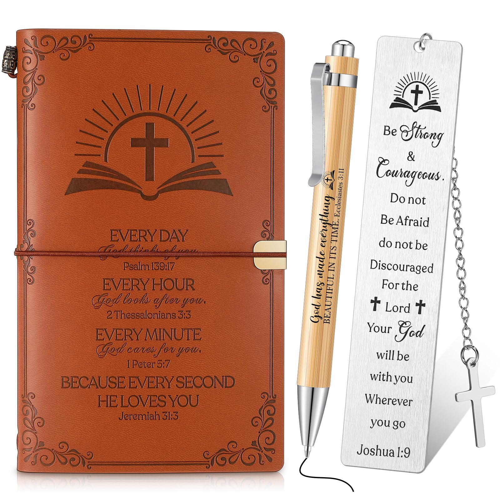 Tenare 3 Pcs Christian Gift Including Christian Notebook Bible Leather Journal Bible Ballpoint Pen Verse Bookmarks for Him Christmas Inspirational Religious Her Gifts