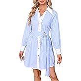 YEXPINE Womens Long Sleeve Shirt Dress Cotton Striped Button Down V Neck Mini Tunic Dress Belted Dresses with Pockets