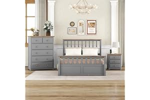 Flieks 3-Pieces Bedroom Furniture Sets, Bedroom Sets Storage Full Size Platform Bed with Nightstand(USB Charging Ports) and Storage Chest, Gray+Natrual