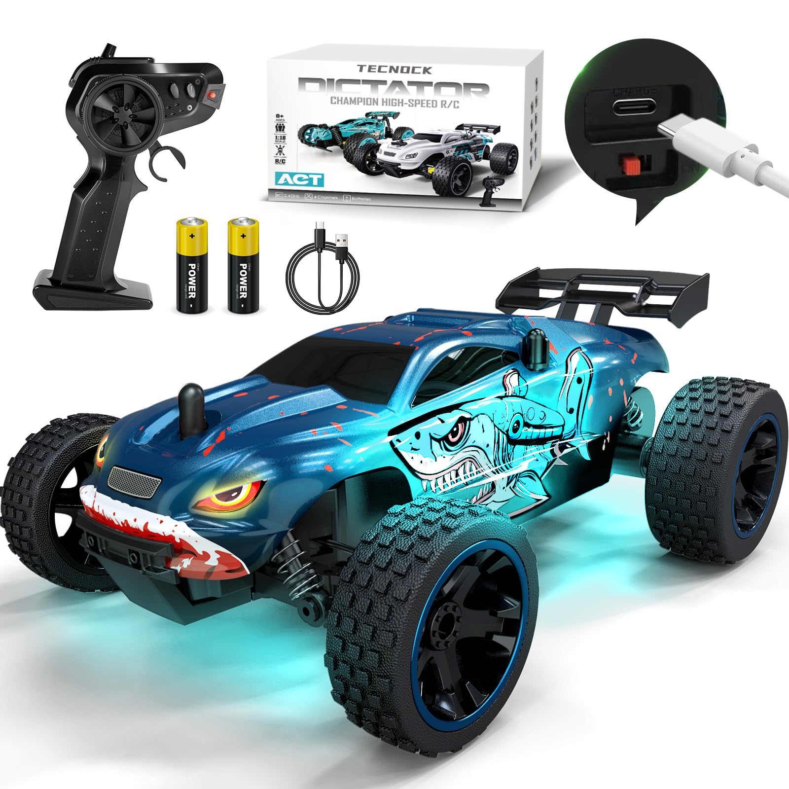 Tecnock Remote Control Car, 1:18 Scale 2WD RC Truck with USB-C Easy Charging & 50-Min Play, 2.4GHz All-Terrain RC Car with LED Lights, Toys Gift for Kids Ages 8-12 Boys & Girls