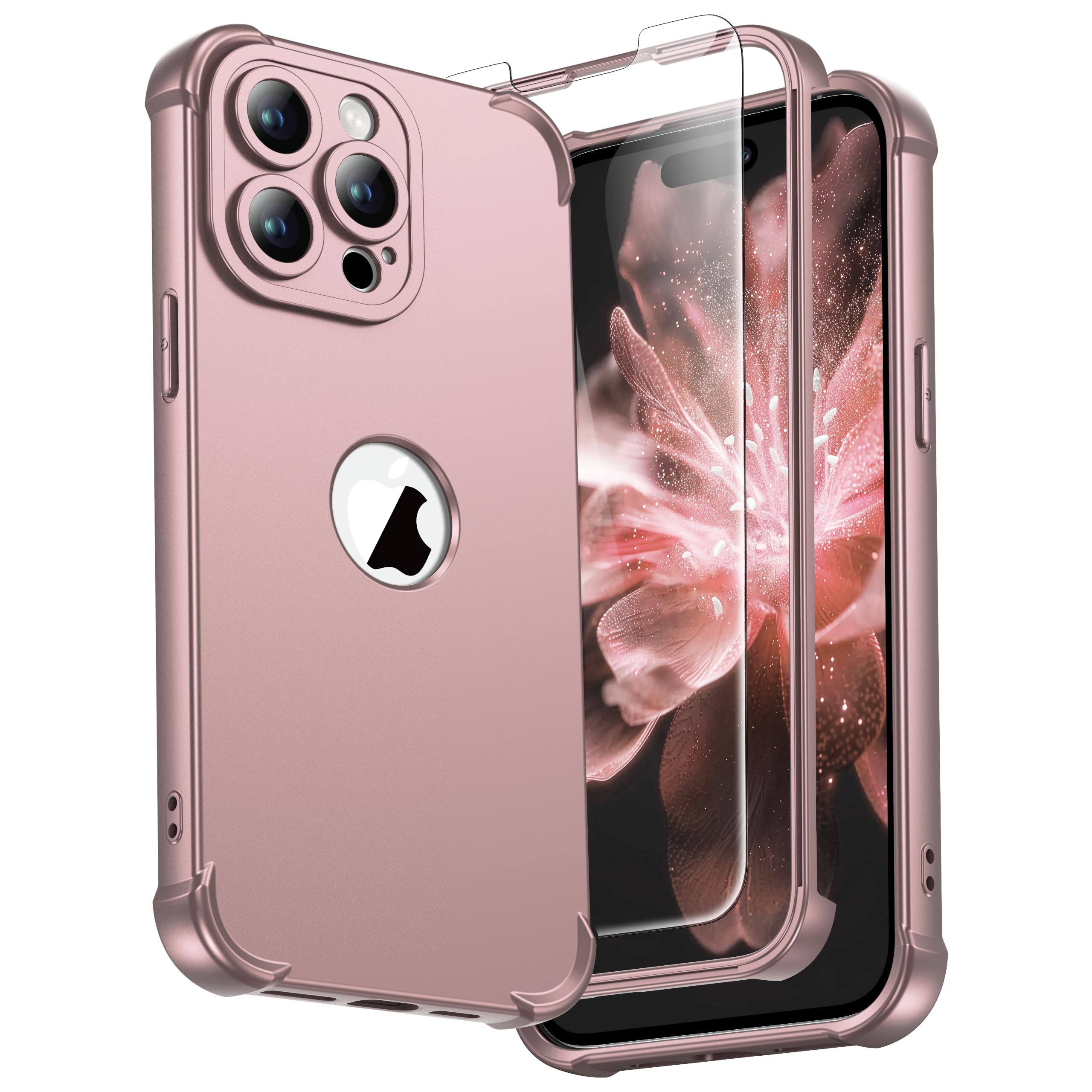 ORETECH for iPhone 14 Pro Case, with [2 x Tempered Glass Screen Protector] [Camera Protection] [Military Grade Shockproof ] Thin Slim Fit Rubber Bumper Phone Case Cover - Rose Gold