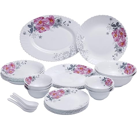 34pcs Opal Ware Dinner Set Floral Design Plates Bowls Spoons Comfortable Handling Perfect For Family Everyday Use And Family Get Together Restaurant Banquet And More White And Black Buy Online