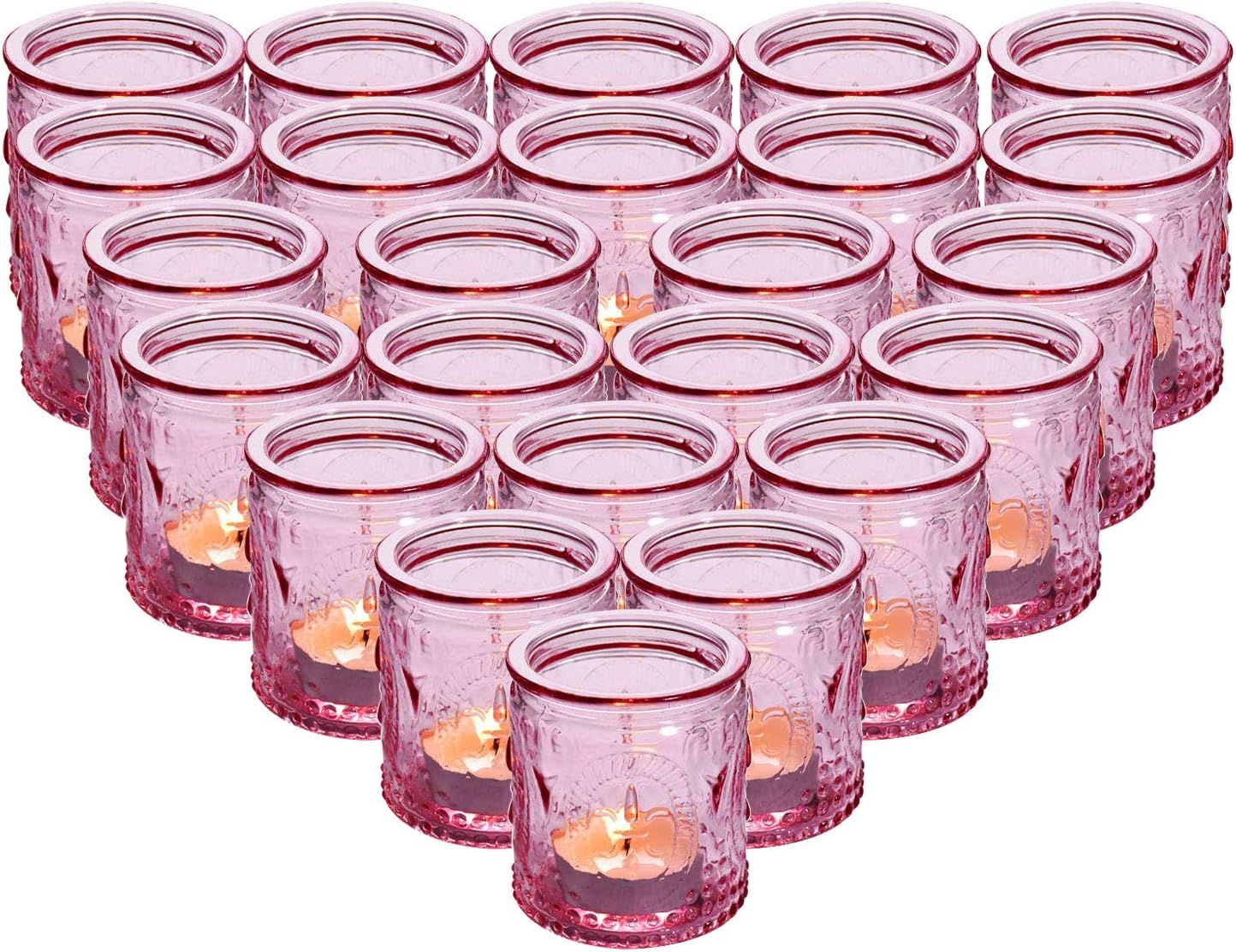 MICROSUN 24-Pack Glass Vintage Candle Holders Votive Candle Wax Cups Tealight Holders - Perfect for Table Centerpieces, Wedding Prom,Party, Home Decor, 2.28”D x 2.75”H(Pink)