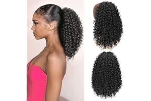 ZAVIDE Ponytail For Black Women Drawstring Ponytail Curly Hair Short Ponytail Extension Pony tails Drawstring Hair Pieces Human Hair Feeling For Daily Use (#1B)