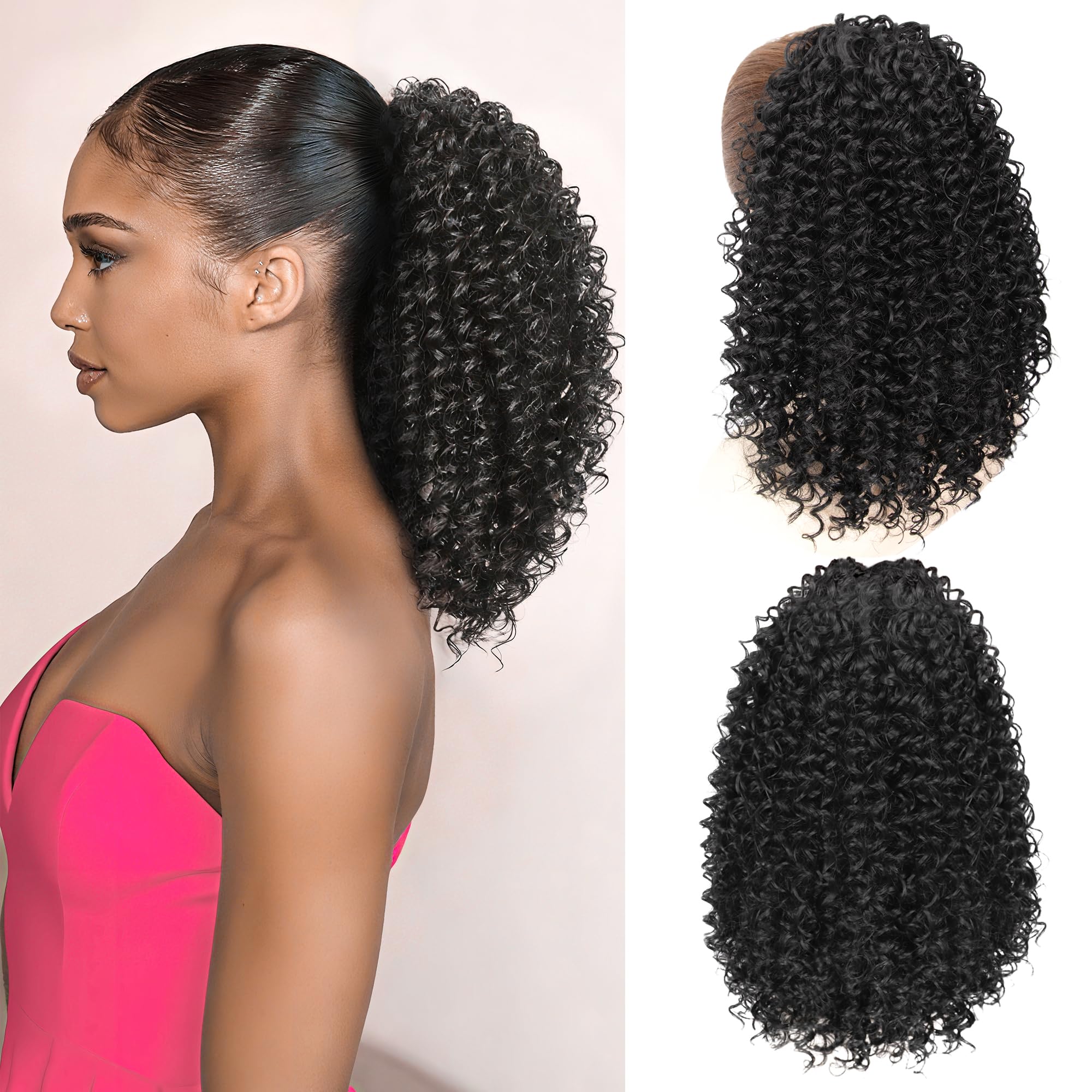Photo 1 of ZAVIDE Ponytail For Black Women Drawstring Ponytail Curly Hair Short Ponytail Extension Pony tails Drawstring Hair Pieces Human Hair Feeling For Daily Use (#1B)