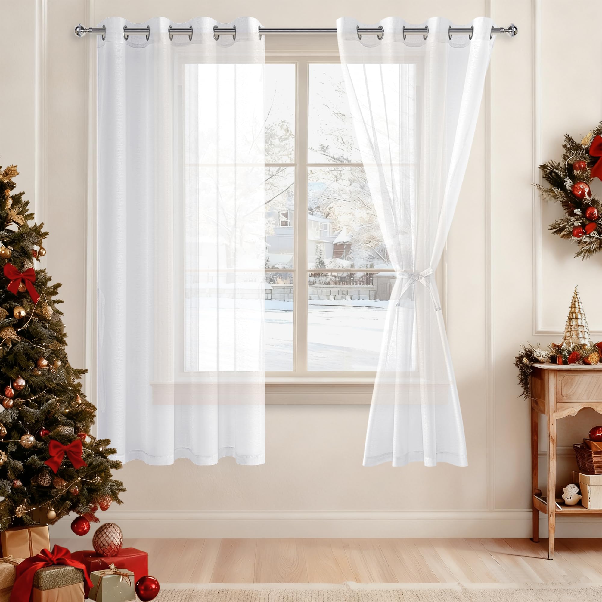 DWCN White Sheer Curtains with Tiebacks Semi Transparent Voile Grommet Curtains Elegant Window Curtains for Bedroom and Living Room,2 Panels,W56 x L54