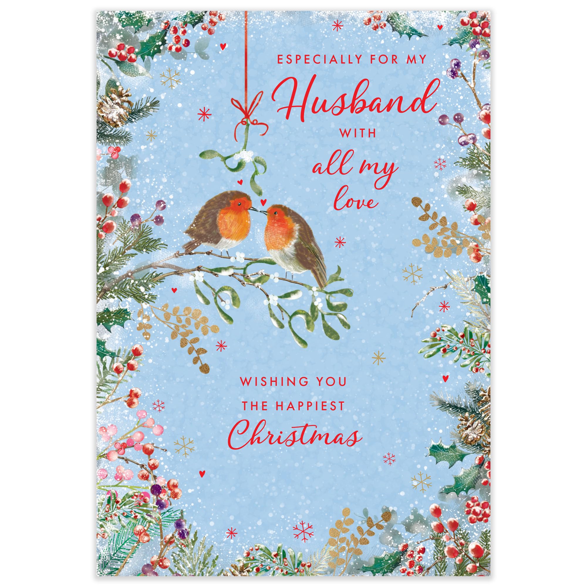 Nigel Quiney Christmas Card for Husband - Romantic Robins & Mistletoe in the Snow - Festive Christmas Greeting Card with Envelope