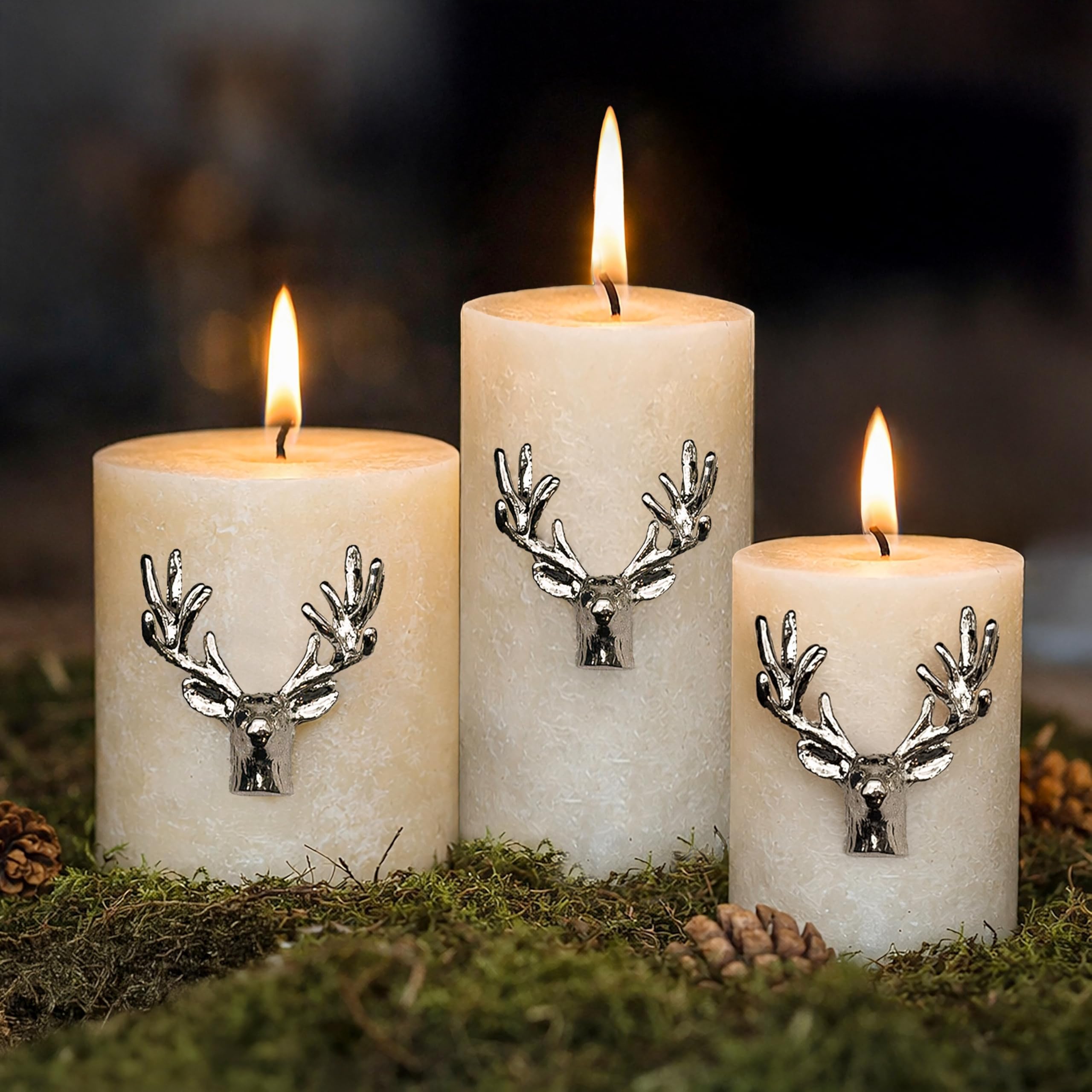 Marco Paul Candle Pins Stag Ornaments - Silver Reindeer Antler Decorations for Candles, Hard-Wearing Metal 3-Pack - Rustic Table Home Decor, Wedding, Good Wedding Gift. (Candle not Included)