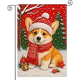 HOMETITUTE Merry Christmas Corgi Puppy Garden Flag Double Sided 12x18 Inch Burlap Winter Garden Flag Corgi Puppy with Red Scarf and Santa Hat for Indoor and Outdoor Decoration Yard Lawn Decor