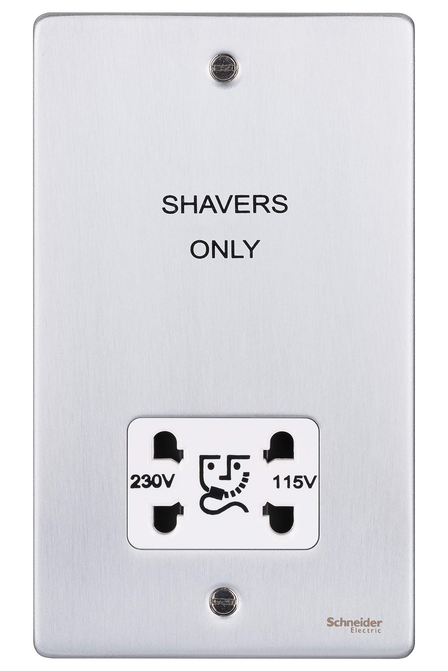Schneider Electric Ultimate Low Profile - Double Shaver Socket, Dual Voltage, 115/230V, GU7590WBC, Brushed Chrome with White Insert