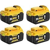 PowVronchal 4-Pack 8000mAh Replacement for Dewalt 20v Max Battery High-Capacity Lithium-Ion Batteries Compatible with DCB200 DCB201 DCB203 DCB207 DCB206, Fits 20V Cordless Power Tools and Chargers