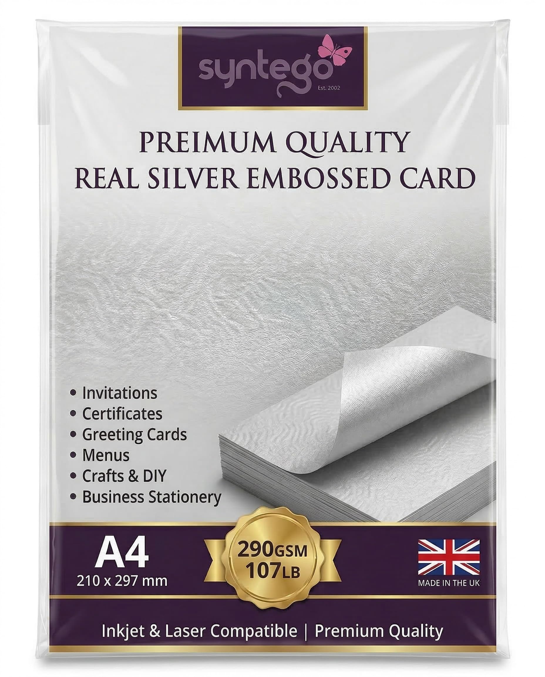 10 Sheets A4 Pearlised Brocade Embossed Design Textured Card 290gsm (Silver)