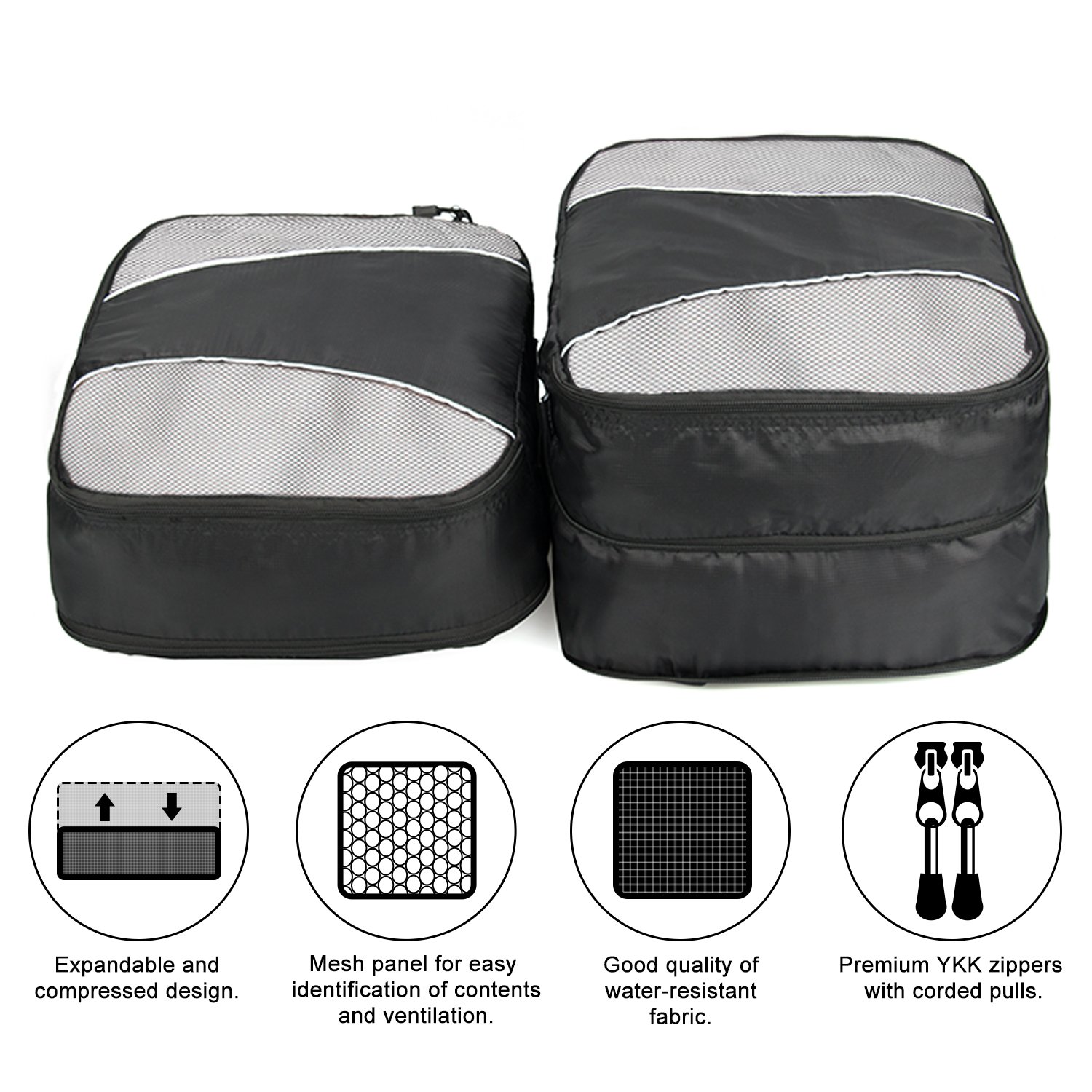 WandF Expandable Packing Organizer Cubes Set of 6, Various Sizes Plus Underwear Bag and Laundry / Shoe Bag w/ Drawstring
