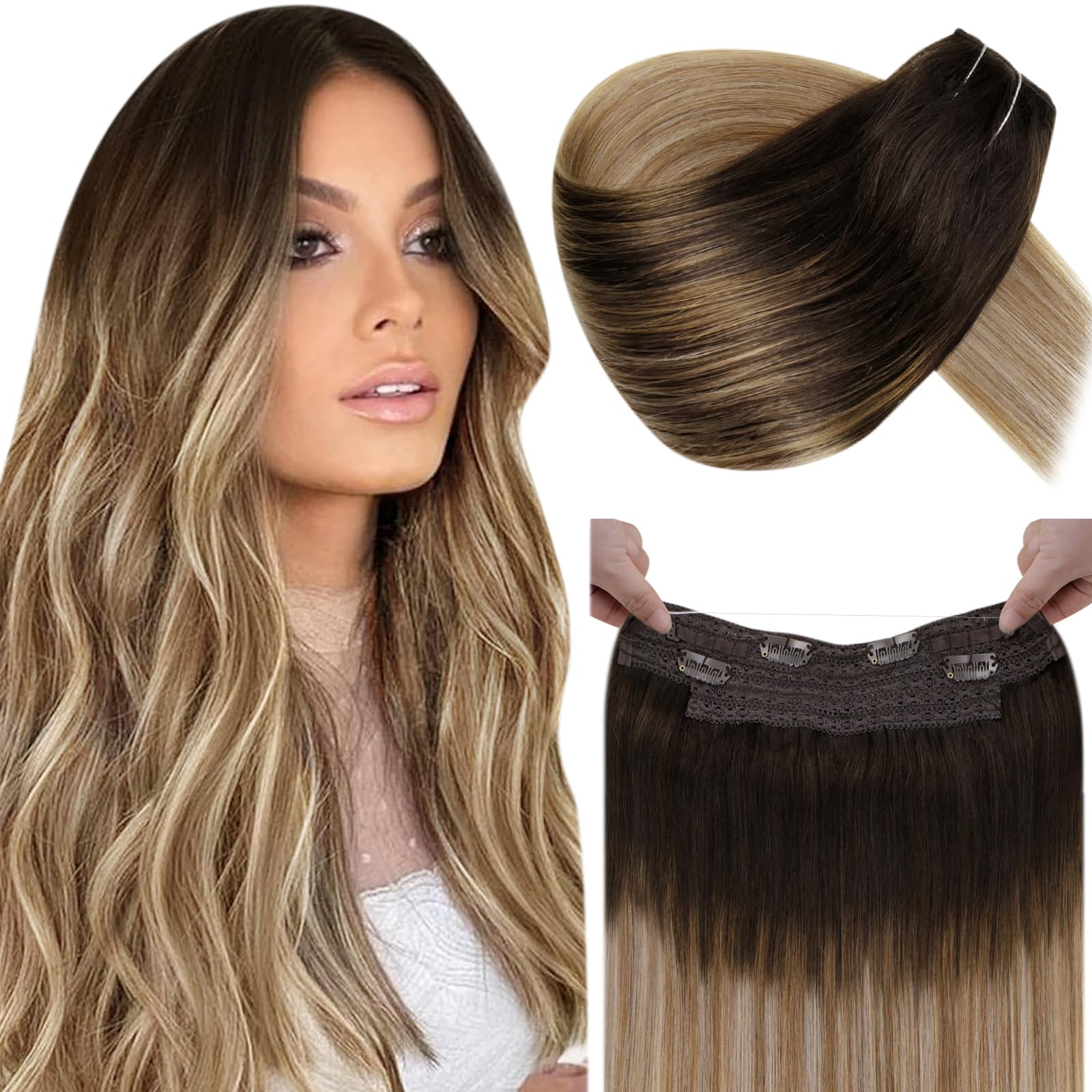 LaaVoo Human Hair Extensions Balayage Darkest Brown to Medium Brwon and Dark Blonde Real Remy Hair Invisible Wire Undetectable 100% Real Straight Hair Extensions Long-Lasting 100g 20 Inch #2/6/18 — image 1