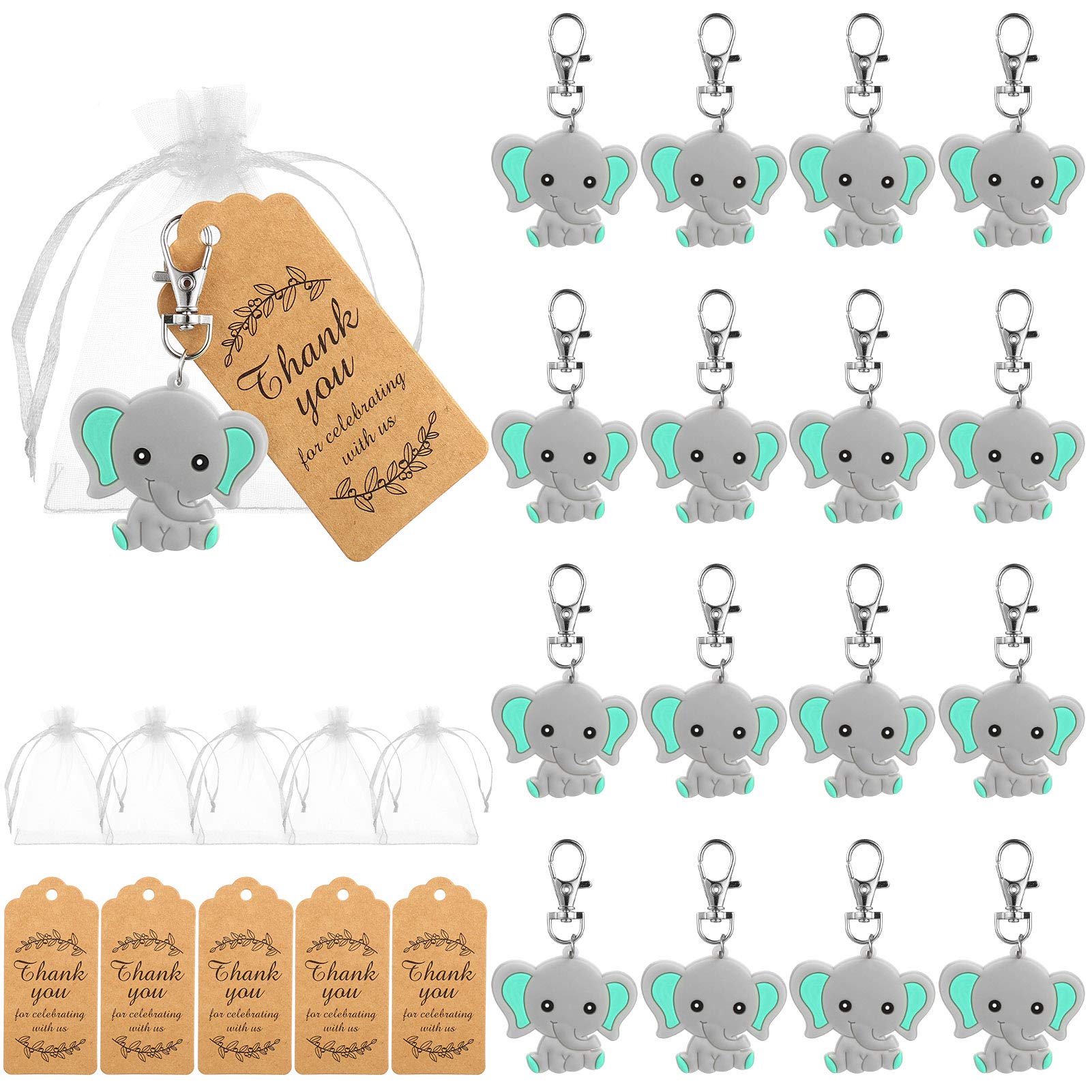 AUXSOUL 30 Pcs Guest Elephant Keychains Elephant Theme Party Favors Pendant Kraft Tags Transparent Bags for Kids Toy Birthday Supplies