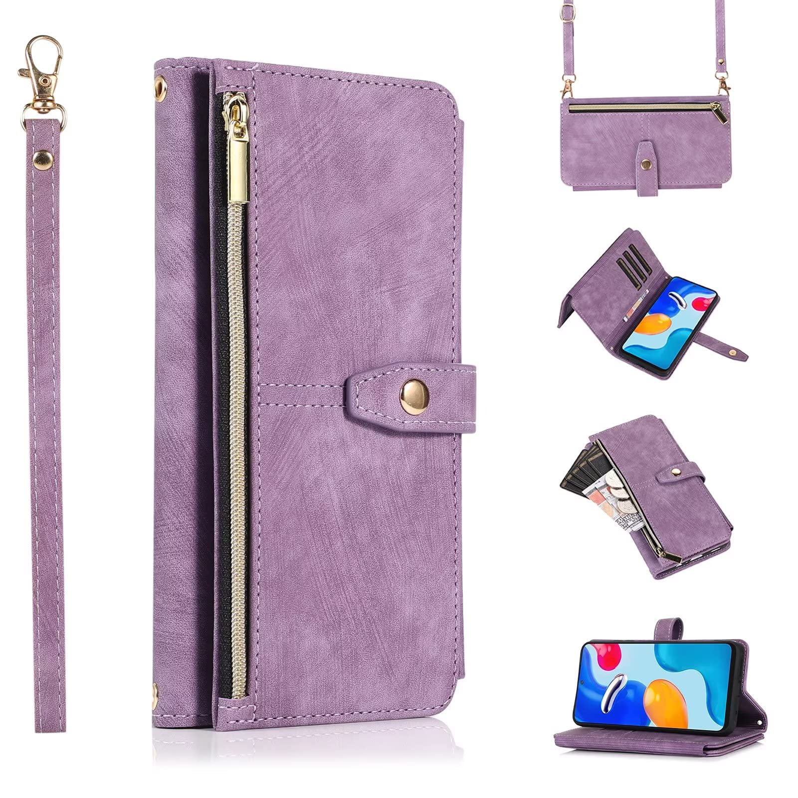 ESONG Case for Xiaomi Redmi Note 11 Pro 4G/5G,PU Leather Zipper Wallet Flip Magnetic Full Protection Shockproof Cover,Crossbody phone Case for Women[9 Card Slot/2 Coin Pouch/Kickstand],Purple