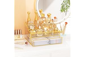 ONKO Perfume Organizer For Women, 3 Tier Clear Perfumes Stand for Dresser, Tempered Glass Cologne Display Shelf for Bedroom, Suitable for Storing Perfume, Cosmetics, Skin Care Products, Cupcakes, Figures