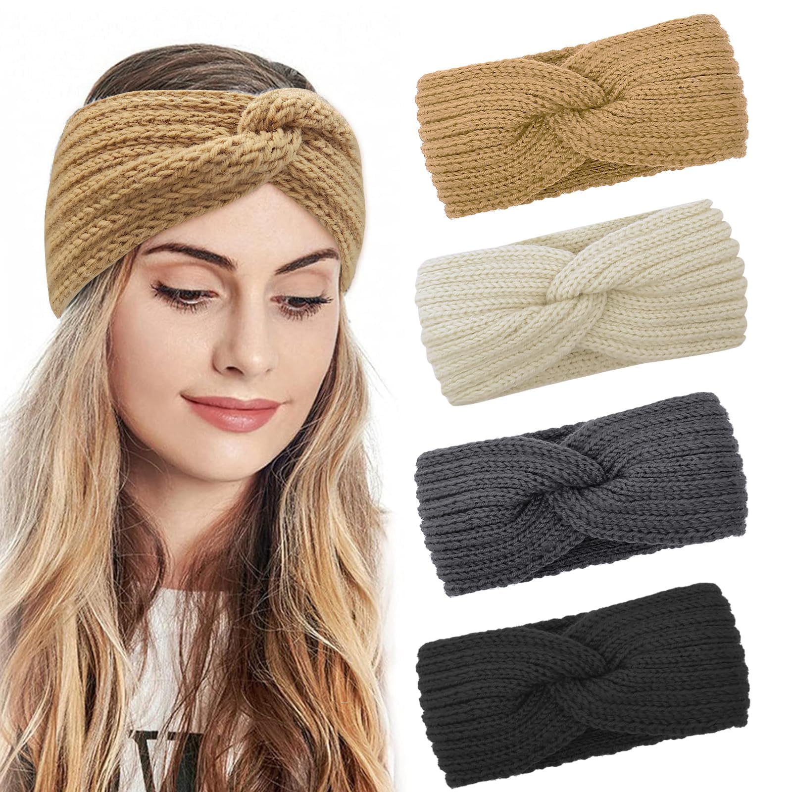 Kavya Winter Headbands for Women's Hair, Knitted Headband Soft Cable Ear Warmers Comfy Ear Muffs Crochet Ladies Head Band Ski Walks Gifts for Women Girl