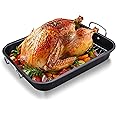 HONGBAKE Small Roasting Pan with Flat Rack for 15 Lb Turkey, 16 X 11.5 Inch Nonstick Chicken Roaster Tray for Oven, Baking Pans for Cooking Lasagna with Stainless Steel Handles