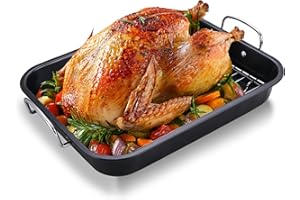 HONGBAKE Small Roasting Pan with Flat Rack for 15 Lb Turkey, 16 X 11.5 Inch Nonstick Chicken Roaster Tray for Oven, Baking Pans for Cooking Lasagna with Stainless Steel Handles