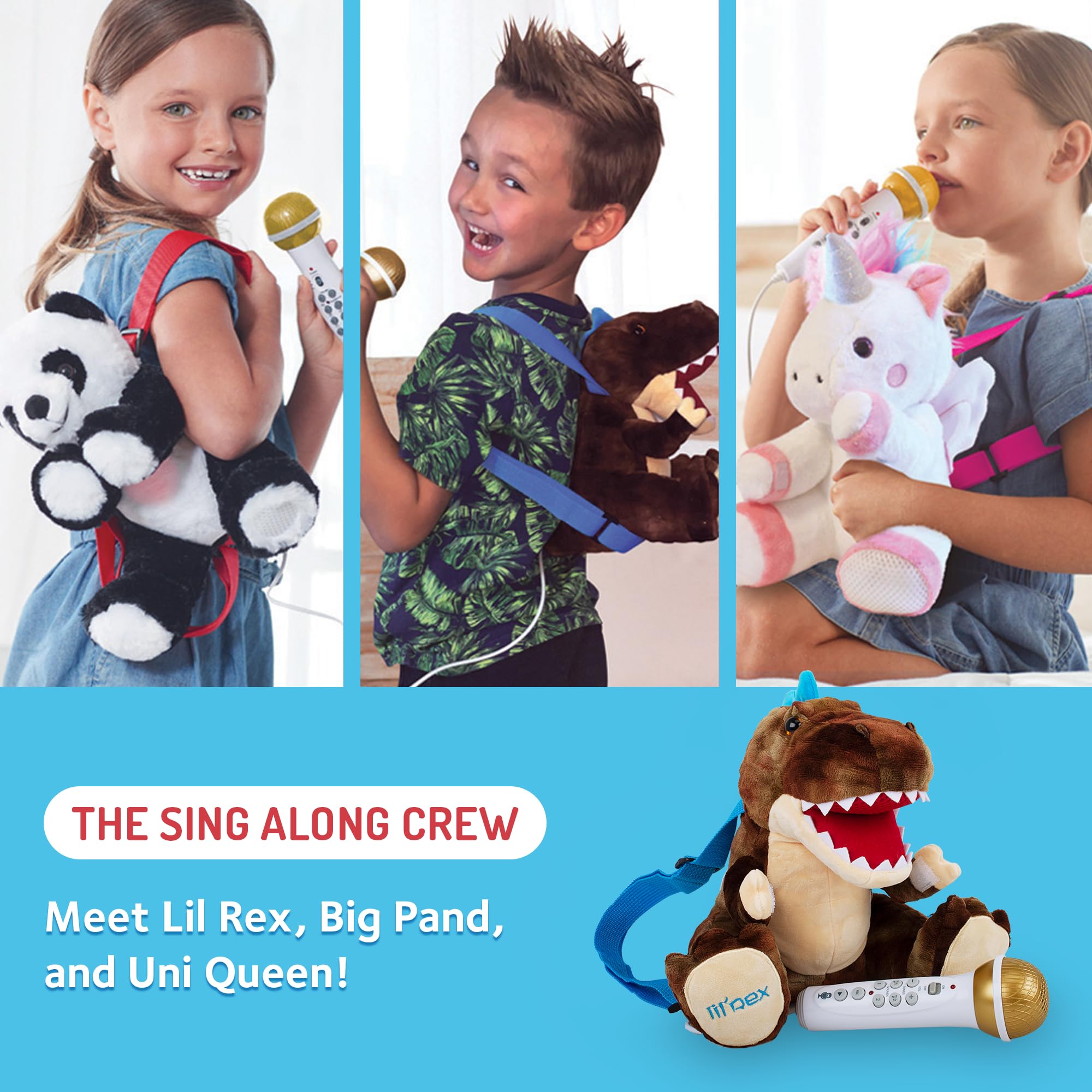 Singing Machine Portable Karaoke Machine for Kids, Plush Toy Backpack with Microphone - The Sing Along Crew, Lil Rex (Brown & Beige) - Built-In Karaoke Speaker with Songs, Sound Effects, & Recorder
