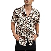 Verdusa Men's Leopard Print Tops Button Down Shirt Short Sleeve Y2k Summer Vacation Shirts Top