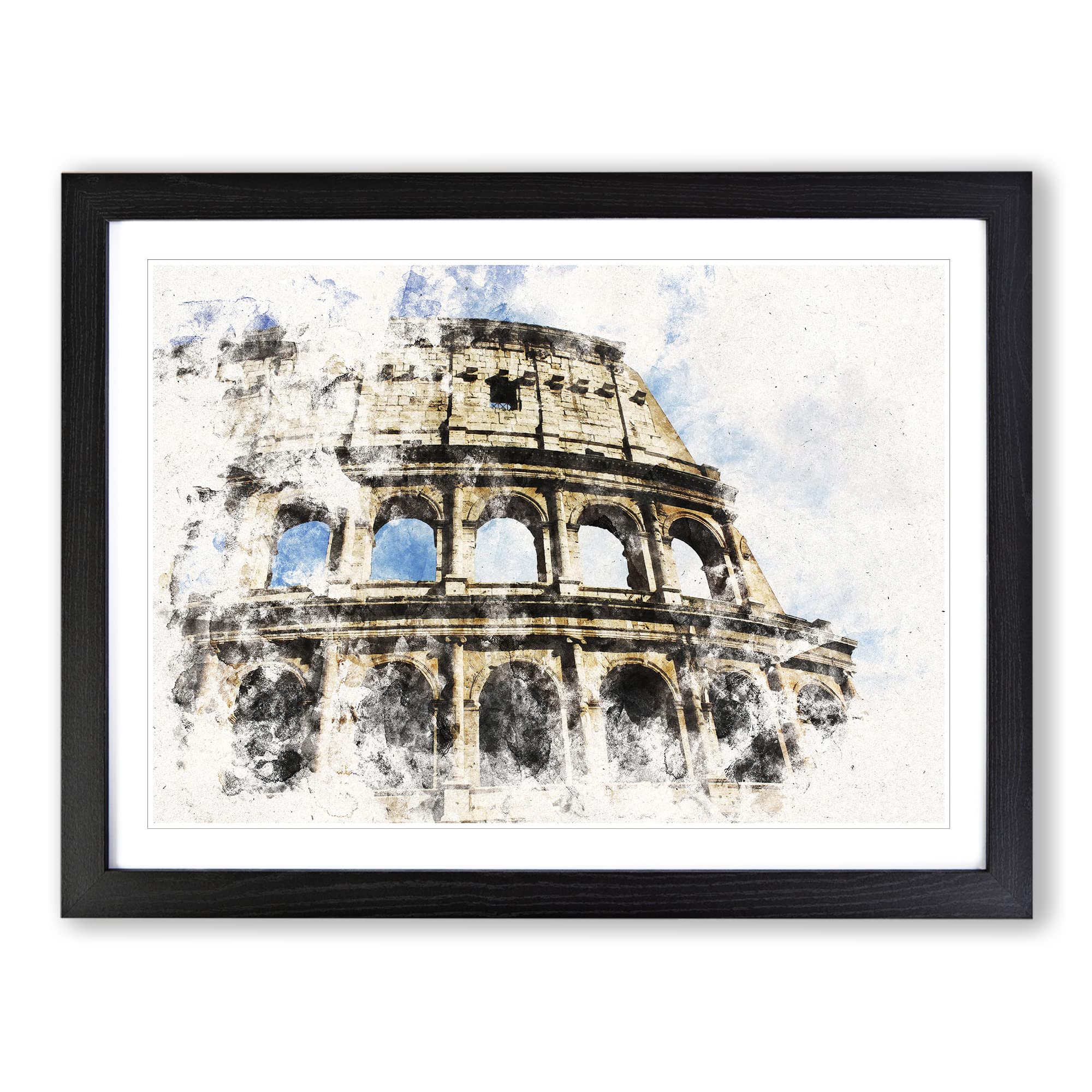Coliseum In Rome Watercolour Modern Framed Print | A4 Black Framed Wall Art | Ready to Hang | Modern Historical Picture | Living Room Bedroom Lounge Office