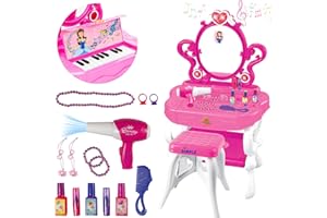 DIMPLE 2-in-1 Musical Piano Vanity Set Girls Toy Makeup Accessories Working Piano, Flashing Lights, Big Mirror, Pretend Cosme