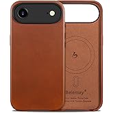 Belemay Handcrafted Full-Grain Vegetable-Tanned Leather Case for iPhone 17 Air, Compatible with MagSafe, Two-Tone Effect, Natural Patina, Camera Control Button, Metal Buttons (6.5"), Saddle Brown