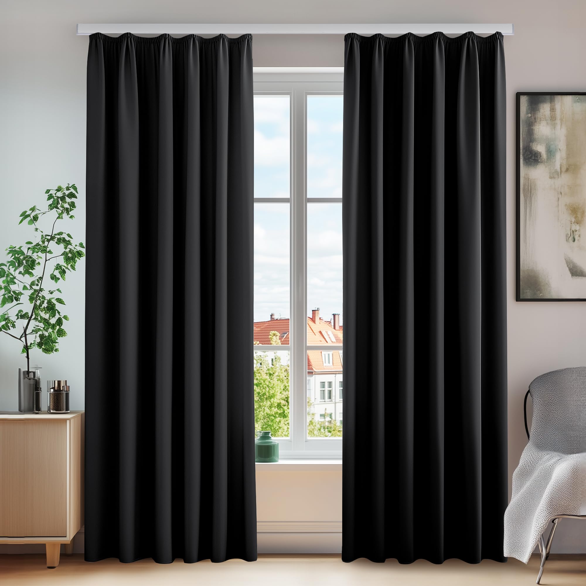 Deconovo Functional Blackout Curtains Pencil Pleat Thermal Insulated Curtains for Living Room W55 x L63 Inch Black One Pair