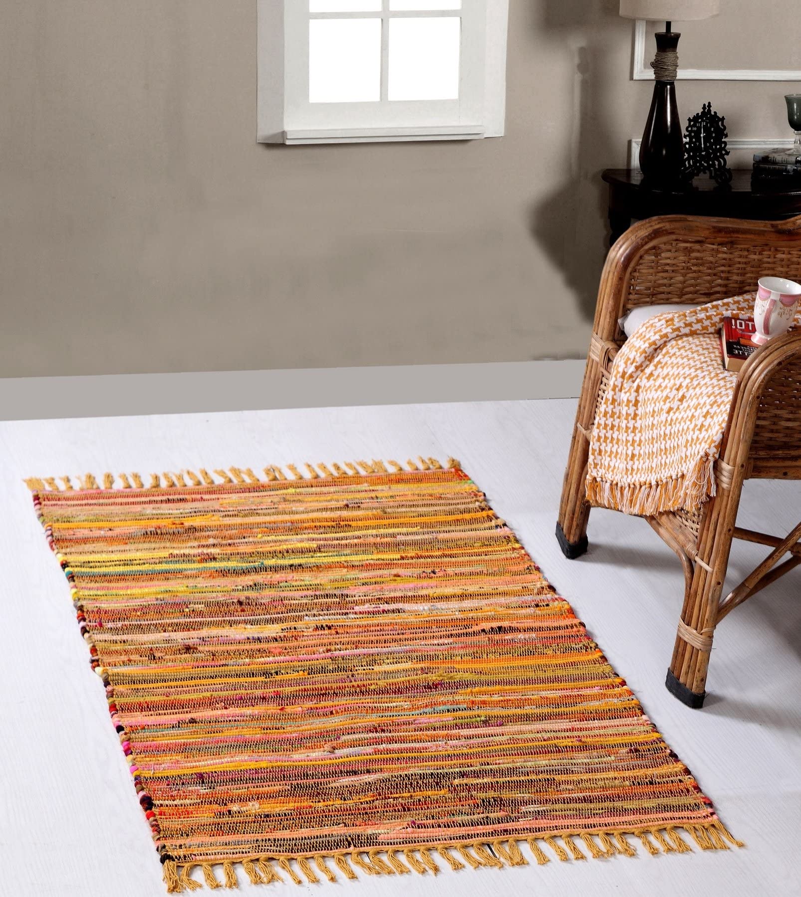 Second Nature Online Yellow Multi Colour Festival Rag Rug Small Hand Made Reversible Mat GoodWeave Certified 60 cm x 90 cm