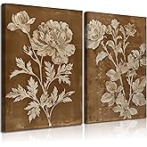 2Pcs Rustic Farmhouse Floral Canvas Wall Art Vintage Botanical Poster Print Retro Countryside Brown Floral Picture Modern Neutral Rural Painting Wall Decor for Living Room Bathroom 12x16in Framed