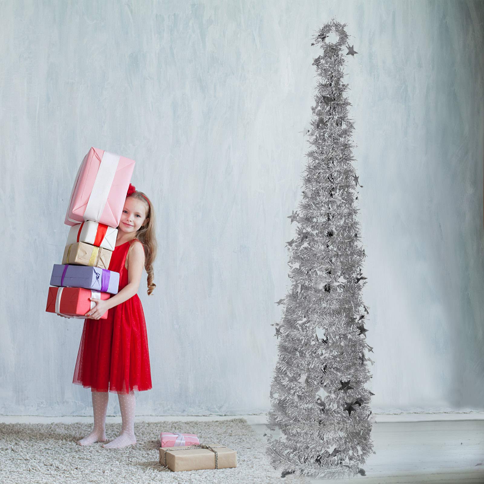 Indoor Christmas Tree Decorations, 5ft Vintage Cute Skinny Small Pop up Xmas Tree Decor for The Home Bedrooms Office(Silver)