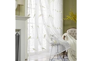 VOGOL Rod Pocket Sheer Curtains Elegant Embroidered Bird Design White Window Drapes/Panels for Living Room, 54 x 84,Two Panels